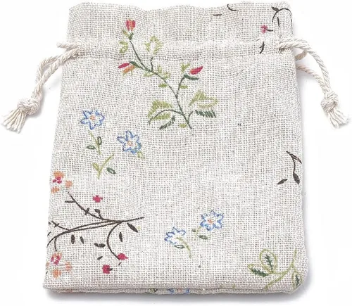 Vista 2 de KISSITTY 50 bolsas de almacenamiento de algodón de poliéster con encaje antiguo, bolsas de embalaje con cordón con ramas de hojas impresas