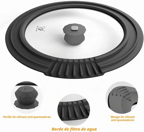 Vista 7 de Tapa de filtro templado para olla de pasta, olla de sopa con borde de silicona resistente al calor, tapas universales para verter agua, aceite Negro