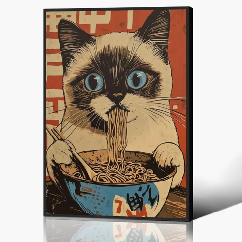 Vista 11 de Arte de pared vintage de gato japonés en lona, póster de gato negro peculiar comiendo ramen, impresión de arte retro de animales divertidos