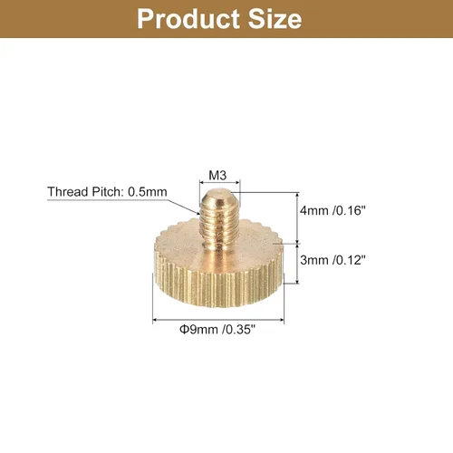 Vista 2 de uxcell Tornillos moleteados M3x4mm, 4 piezas de cabeza moleteada plana totalmente roscados, tornillos de latón para pulgar, pernos de agarre Fully