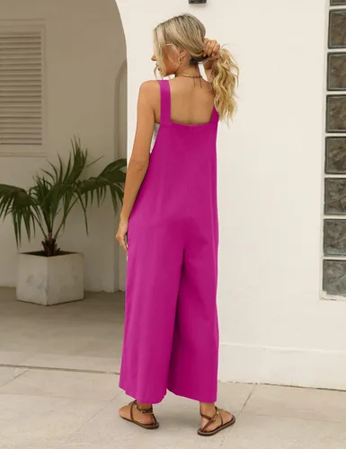 Vista 8 de AMEBELLE Overol suelto de lino de algodón para mujer, sin mangas, con tirantes ajustables, pierna ancha con bolsillos