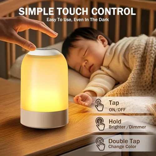 Vista 4 de Luz nocturna táctil de mesita de noche, luz nocturna de guardería para bebés para niños y adultos, luz de huevo con temporizador, lámpara de mesa