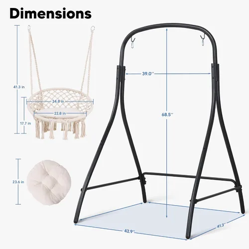 Vista 6 de Silla Hamaca Colgante de Interior con Soporte, Silla Colgante de Exterior con Soporte, Capacidad de 400 libras, Beige