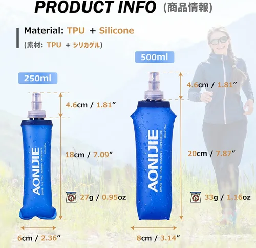 Vista 2 de Azarxis - Botellas plegables de frasco suave de TPU, libres de BPA, 250ml 350ml 500ml 600ml para cinturón de hidratación, mochila, correr