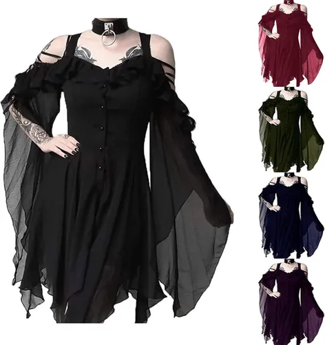 Vista 3 de FRMUIC Disfraz medieval para mujer, talla grande, manga mariposa, vestido largo de Halloween, vintage, vampiro, bruja, cosplay, vestido gótico