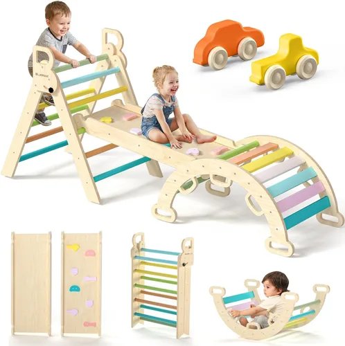 Vista 14 de BlueWood Pikler - Juego de triángulos 7 en 1 plegables, juguetes de escalada Montessori de madera con arco y rampa y escalera, escalador para bebés