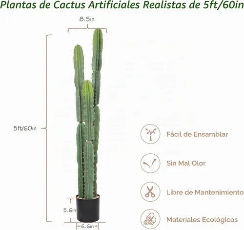 Vista 4 de bellacat Cactus artificial grande resistente a los rayos UV de 5 pies (60 pulgadas) con maceta negra, plantas artificiales realistas para Negro