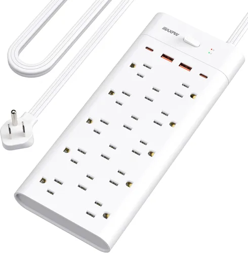 Vista 9 de Regleta de alimentación con protector de sobretensión, extensor de toma y 14 enchufes y 4 puertos USB (2 USB C), cable de extensión de 10 pies