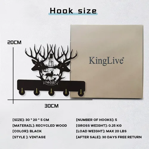 Vista 2 de KingLive Perchas para llaves de pared, ganchos para llaves de ciervo para pared, cuernos de madera negra para decoración de pared, decoración