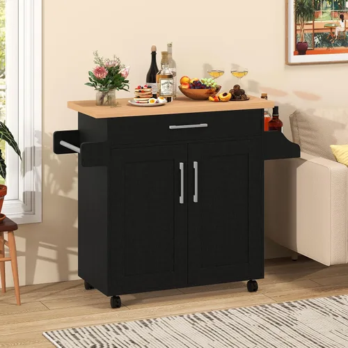 Vista 9 de Giantex Isla de cocina, carrito de cocina rodante con estante para especias y toallero, cajón grande y armario de almacenamiento de 2 puertas