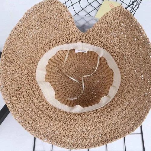 Vista 7 de Sombrero plegable de ala ancha con pajilla, sombrero de verano con lazo para mujeres y niñas, correa ajustable