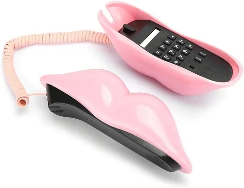 Vista 8 de Vikye Teléfono fijo, teléfono doméstico de estilo europeo, forma de labios rosados de moda, teléfono fijo de escritorio, teléfono creativo para uso