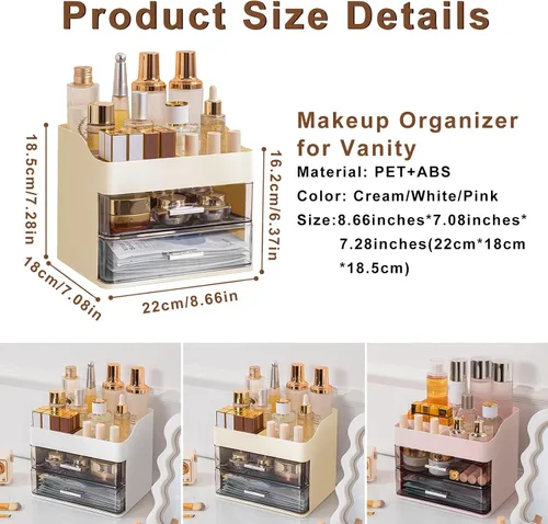 Vista 8 de DASITON Organizador de maquillaje con 2 cajones, organizador de cosméticos de maquillaje de gran capacidad para tocador, tocador de baño