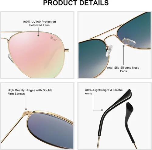 Vista 4 de Versol Aviador para hombres y mujeres con protección UV400, lentes de sol polarizados ligeros de aviador