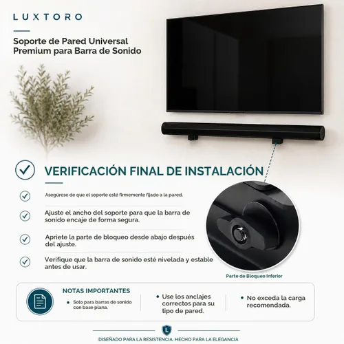Vista 4 de Soporte universal de pared para barra de sonido (parte inferior plana), soporte de acero resistente de 33 libras, profundidad ajustable, incluye