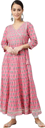 Vista 4 de Janasya Kurta acampanada con estampado de bloques de algodón rosa para mujer india