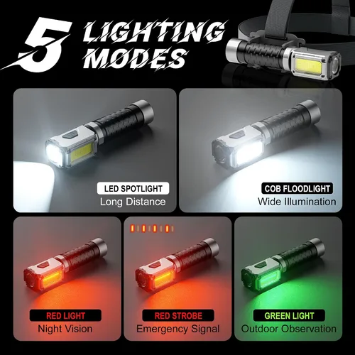 Vista 5 de Linterna Anhay Recargable 2000LM Linterna EDC con Luz Roja Verde 5 Modos Linterna LED Brillante Linterna Magnética Potente y Mini Linterna