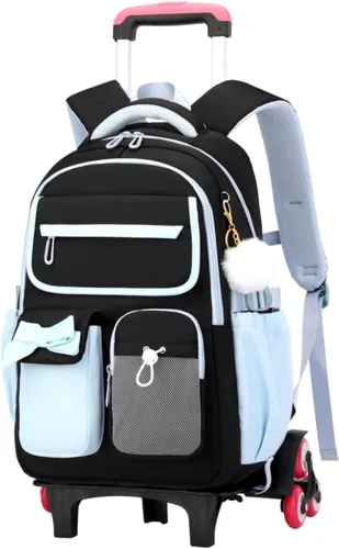 Vista 8 de Mochila con ruedas para niñas, mochila con ruedas para escuela primaria, bolsa de libros con ruedas con 6 ruedas, 3 ruedas negras y azules-6
