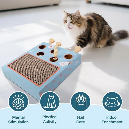 Vista 4 de PAWISE Juguete rascador interactivo para gatos, tablero rascador de cartón 3 en 1 y caja de juguetes interactiva de rompecabezas para gatos