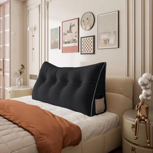 Vista 42 de Almohada de cabecera totalmente rellena y engrosada tamaño Queen, cabecera acolchada suave y firme, soporte grande, cojín cilíndrico triangular Negro