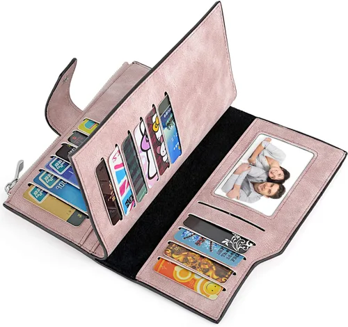 Vista 4 de UTO Cartera RFID para mujer de piel sintética mate con cremallera y cierre a presión, Rosado