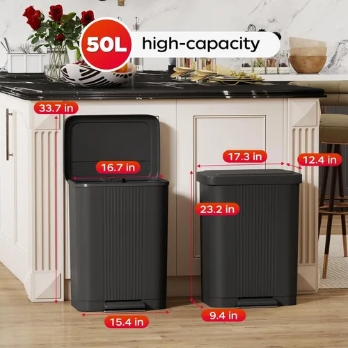 Vista 6 de Basurero de cocina de 13 galones/50 litros, tapa silenciosa de cierre suave con pedal de pie, acero inoxidable y diseño de plástico para el hogar