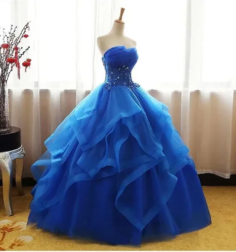 Vista 2 de Fair Lady Vestido de fiesta largo con volantes vestido de fiesta vestidos de quinceañera sin tirantes de encaje de tul con cuentas vestido de noche
