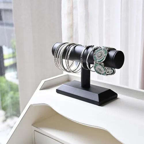 Vista 6 de MOOCA Soporte para pulsera y reloj de madera T-Bar, cuero sintético negro Piel sintética negra
