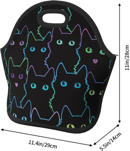 Vista 5 de Nerxy Bolsa de almuerzo de neopreno con aislamiento para gatos, bolsa pequeña para niños y adultos, bolsa térmica negra, contenedor reutilizable