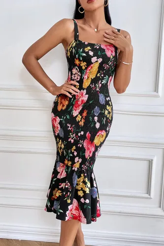Vista 6 de PRETTYGARDEN - Vestido veraniego floral para mujer, por debajo de la rodilla, ajustado, sin mangas, con tirantes delgados y dobladillo con volados