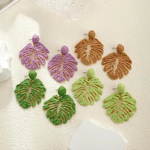 Vista 6 de RUOFFETA Aretes de hoja de palma de rafia, rafia envueltos en paja de Monstera, aretes colgantes de gota de verano tropical joyería de playa