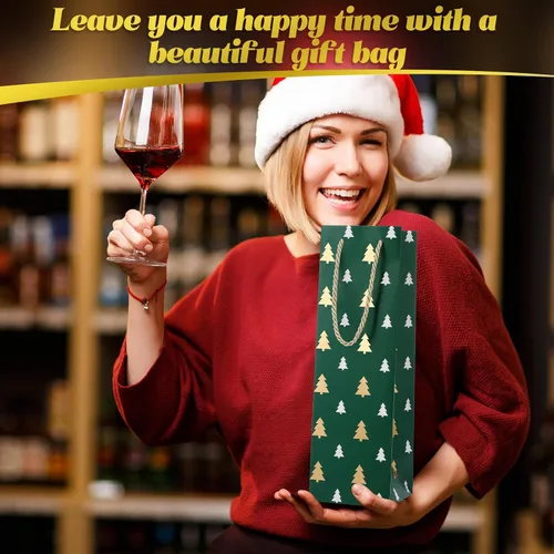 Vista 4 de Woanger 60 bolsas de regalo de vino de Navidad, bolsas de papel kraft a granel para botellas de vino con asa, bolsas de regalo de color rojo, verde