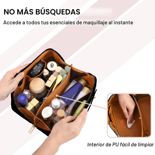 Vista 3 de Bolsa de cosméticos de viaje de gran capacidad - Bolsas de maquillaje portátiles para mujeres, impermeable, de cuero PU a cuadros, con organizador