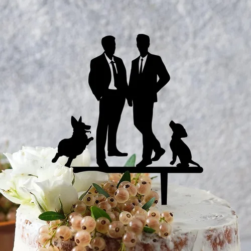 Vista 2 de Decoración rústica para tartas de boda del mismo sexo, silueta de novios, decoración para tartas de boda con Rottweiler y Basset Hound Novio y Novio