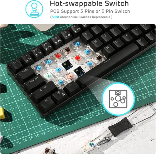 Vista 3 de RK ROYAL KLUDGE RK68 Teclado mecánico inalámbrico intercambiable en caliente al 65%, teclado compacto Bluetooth para juegos con flecha