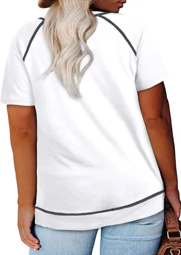 Vista 117 de Eytino Blusas de talla grande para mujer, cuello en V, manga corta, a rayas, casual, holgada, con bolsillo (1X-5X)
