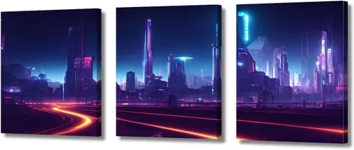Vista 60 de Cuadros de 3 paneles de Cyberpunk City - Arte de pared de vallas publicitarias de edificios modernos en la capital con obras de arte modernas
