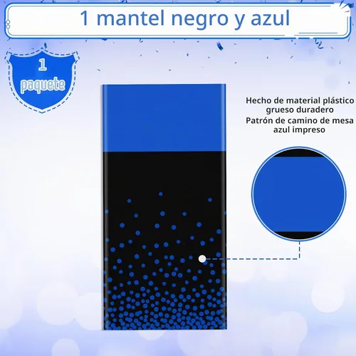 Vista 4 de MASHAN 1 mantel negro y azul para decoración de fiesta, mantel de plástico negro impreso azul, funda rectangular desechable para cumpleaños, boda