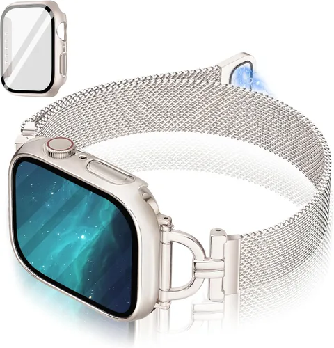 Vista 9 de Correas para Apple Watch para mujer de 1.575 pulgadas con funda protectora de pantalla, cierre magnético de acero inoxidable, correa para Apple Oro