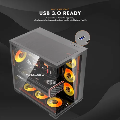 Vista 4 de darkFlash C280 E-ATX - Funda para juegos de PC de torre completa, 7 ventiladores ARGB incluidos, vidrio templado de 270°, compatible con placa base