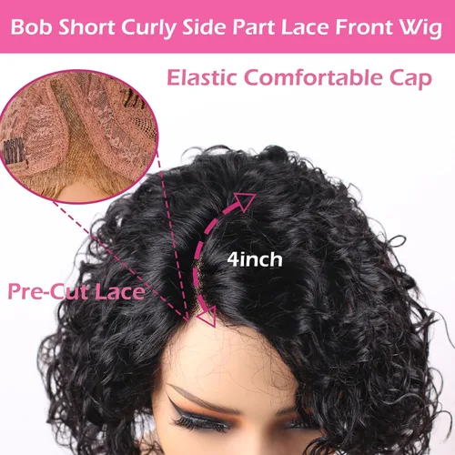 Vista 3 de Pelucas de cabello humano rizado profundo, parte lateral, encaje frontal precortado, encaje frontal para usar y llevar, peluca sin pegamento