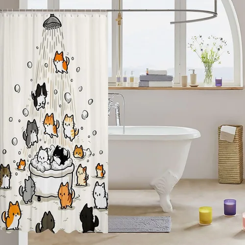 Vista 3 de Feelyou Cortina de ducha con diseño de gato para decoración de baño, bonita cortina de baño para puestos de bañeras, accesorios de baño divertidos