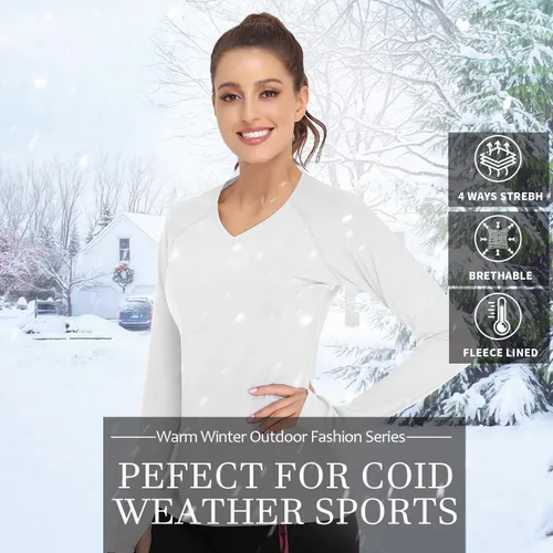 Vista 3 de Soneven Camiseta térmica de manga larga de forro polar para mujer, camiseta de entrenamiento que absorbe la humedad, con agujeros para el pulgar