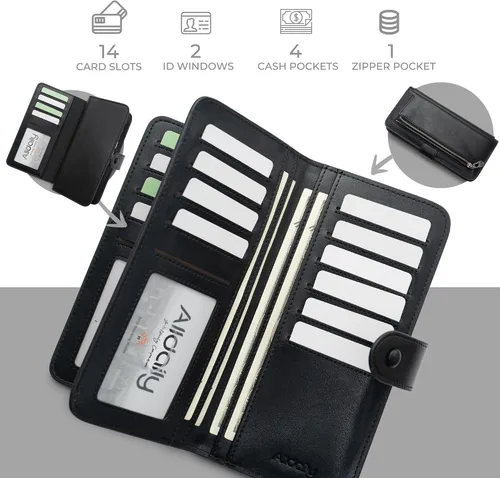 Vista 2 de Cartera de cuero con bloqueo RFID para mujeres, diseño delgado de triple pliegue con 14 ranuras para tarjetas y bolsillo con cremallera, Negro