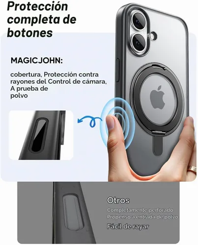 Vista 8 de MAGIC JOHN Soporte Magnético Invisible Giratorio 360° para Funda de iPhone 17 [Botón de Control de Cámara] [Compatible con MagSafe] 16 pies Shockof