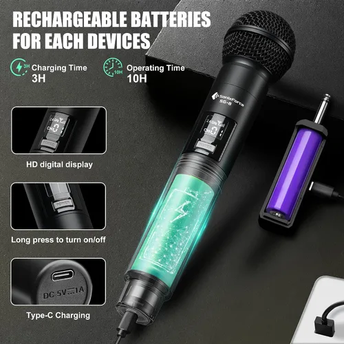 Vista 5 de Micrófono inalámbrico - Micrófono de karaoke para cantar - Micrófonos de mano dinámicos dobles recargables con receptor - Micrófono inalámbrico