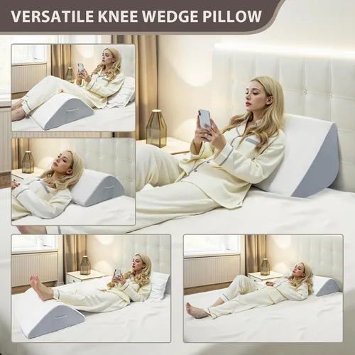 Vista 2 de Almohada de rodilla de espuma viscoelástica, funda blanca acolchada con base gris, soporte ortopédico