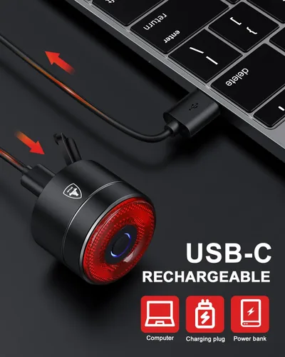 Vista 5 de Luz trasera inteligente para bicicleta, luces traseras con detección de freno, luces de bicicleta para conducción nocturna, recargable