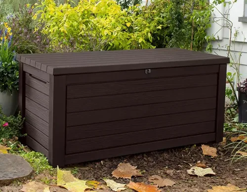Vista 4 de Caja de almacenamiento de cubierta de resina resistente a la intemperie de 165 galones para muebles de jardín, de patio, color marrón.
