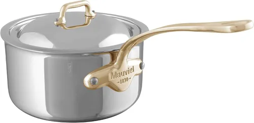 Vista 5 de Mauviel M'Cook B - Sartén de acero inoxidable pulido de 5 capas con tapa y mango de latón, 1.2 cuartos de galón, fabricado en Francia